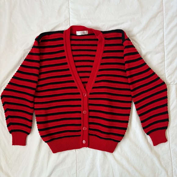 Sweaters - Red and Black Stripe Knit Cardigan